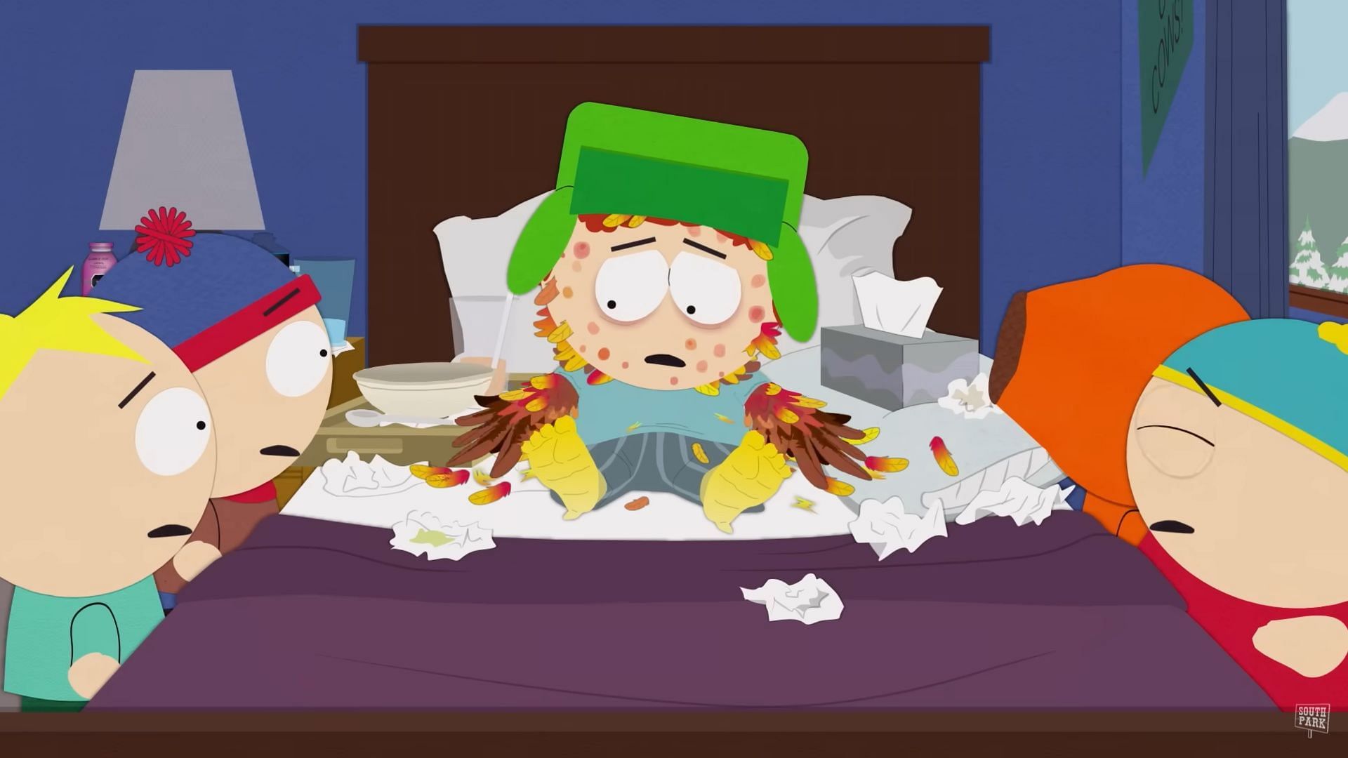 Kyle suffers an unexplained transformation as his arms turn into feathers in a bizarre scene from South Park season 27. (Image via South Park Studios)